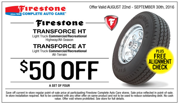 Firestone 50 OFF Transforce HT AT Tires Coupon September 2016