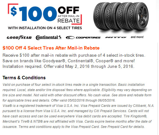 NTB 100 OFF Tires Rebate May 2016