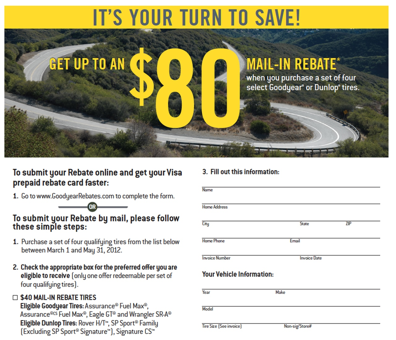 Up To 80 Goodyear Or Dunlop Tires Rebate When You Buy A Set Of 4