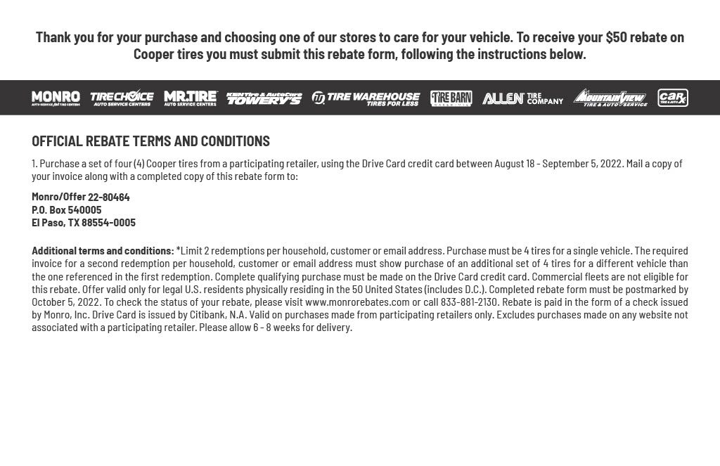 Cooper Tire Rebate Form Summer 2022 Car X