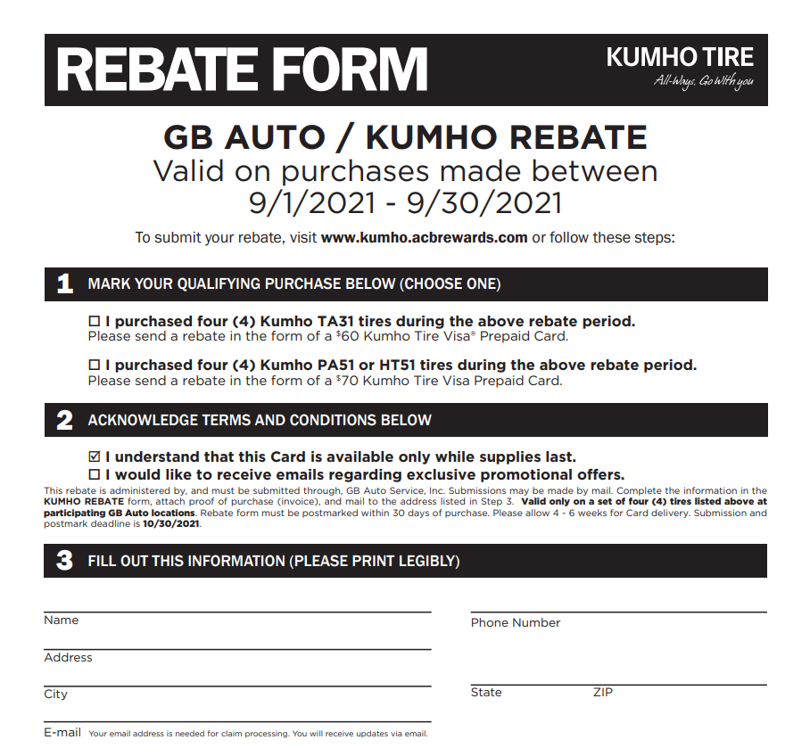 Kumho Tires Rebate Printable Rebate Form