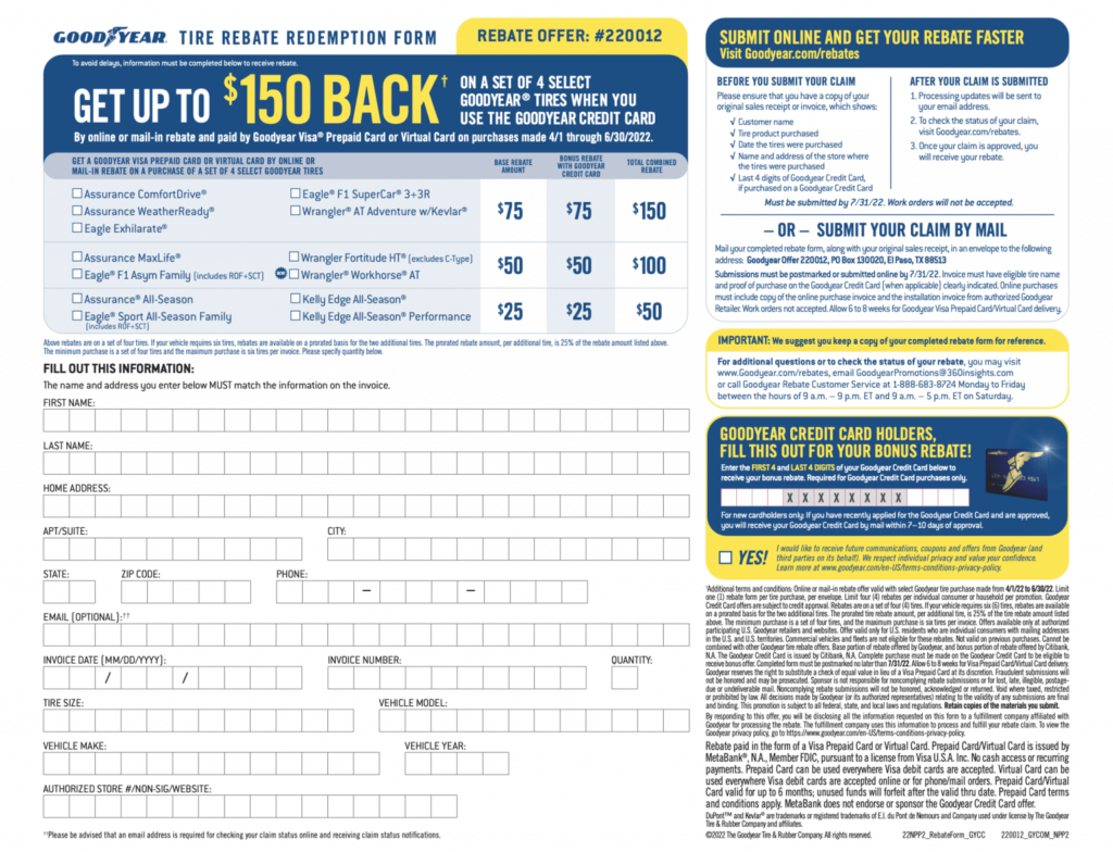 Pirelli Printable Rebate Form